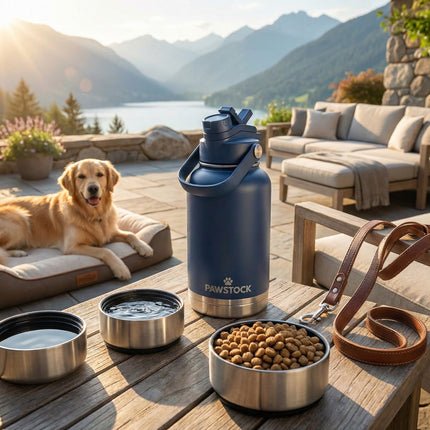 Pawstock 3-in-1 Insulated Dog Water Bottle with Dual Bowls – 1L Stainless Steel Travel Bottle - Gray.