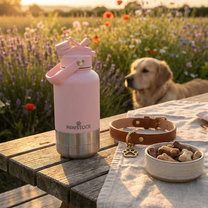 Pawstock 3-in-1 Insulated Dog Water Bottle with Dual Bowls – 1L Stainless Steel Travel Bottle - Gray.