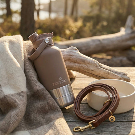 Pawstock 3-in-1 Insulated Dog Water Bottle with Dual Bowls – 1L Stainless Steel Travel Bottle - Gray.