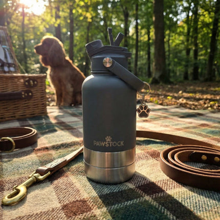 Pawstock 3-in-1 Insulated Dog Water Bottle with Dual Bowls – 1L Stainless Steel Travel Bottle - Gray.