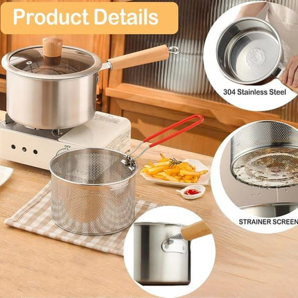 Stainless Steel Deep Fryer Pot with Basket, for Tempura, Chips & Fried Food, Compatible with Induction and Gas Stoves