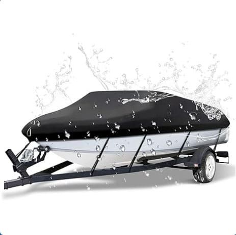 600D Oxford Cloth Boat Cover for 20-22 Feet V-Hull Boat, Waterproof UV Protection Dustproof Marine Cover for 20'~22' Speedboat Motor Yacht, Adjustable Strap & Elastic Hem for Outdoor Storage & Trailer Transport
