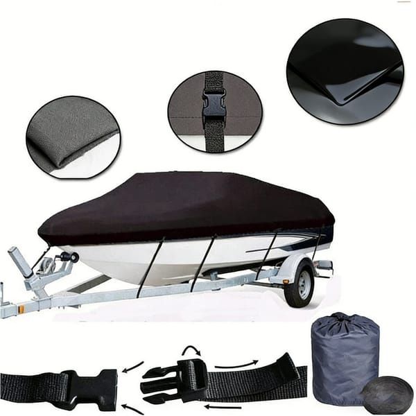 600D Oxford Cloth Boat Cover for 20-22 Feet V-Hull Boat, Waterproof UV Protection Dustproof Marine Cover for 20'~22' Speedboat Motor Yacht, Adjustable Strap & Elastic Hem for Outdoor Storage & Trailer Transport