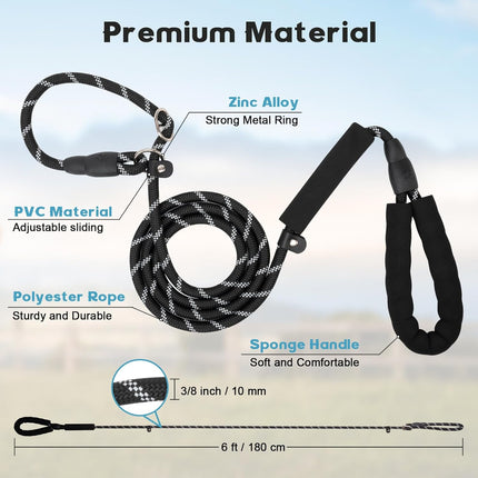 Dog Leash 6 FT with Comfortable Padded Handle, Training Loop Leash with Highly Reflective Threading for Medium Dogs, Black.