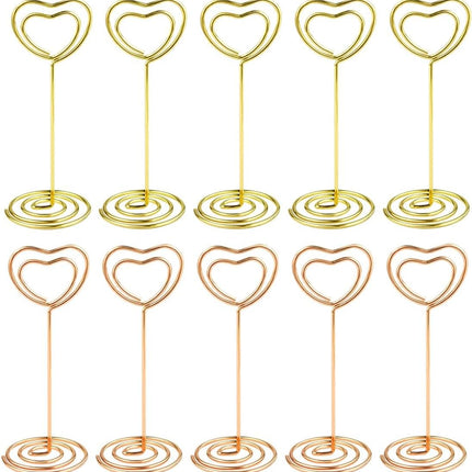 10 Pcs Heart Shaped Table Number Stand and Place Card Holder - Mini Wire Picture Photo Clips for Centerpieces, Wedding Party, Memo, Menu Stands (Gold + Rose Gold).