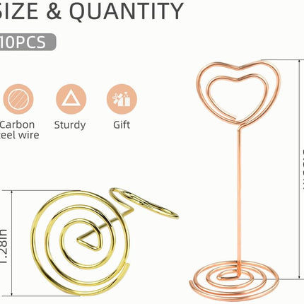 10 Pcs Heart Shaped Table Number Stand and Place Card Holder - Mini Wire Picture Photo Clips for Centerpieces, Wedding Party, Memo, Menu Stands (Gold + Rose Gold).