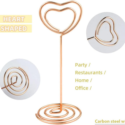 10 Pcs Heart Shaped Table Number Stand and Place Card Holder - Mini Wire Picture Photo Clips for Centerpieces, Wedding Party, Memo, Menu Stands (Gold + Rose Gold).