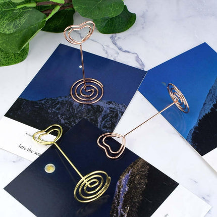10 Pcs Heart Shaped Table Number Stand and Place Card Holder - Mini Wire Picture Photo Clips for Centerpieces, Wedding Party, Memo, Menu Stands (Gold + Rose Gold).