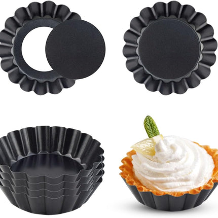 4 Pack Tart Pans Tortilla Pan Set Mini Molds Carbon Steel Taco Shell for Baking 3 Inch Salad Bowl Maker with Removable Bottom NonStick Fluted Side Quiche Cakes Pies (Black).