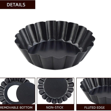 4 Pack Tart Pans Tortilla Pan Set Mini Molds Carbon Steel Taco Shell for Baking 3 Inch Salad Bowl Maker with Removable Bottom NonStick Fluted Side Quiche Cakes Pies (Black).