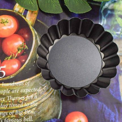 4 Pack Tart Pans Tortilla Pan Set Mini Molds Carbon Steel Taco Shell for Baking 3 Inch Salad Bowl Maker with Removable Bottom NonStick Fluted Side Quiche Cakes Pies (Black).