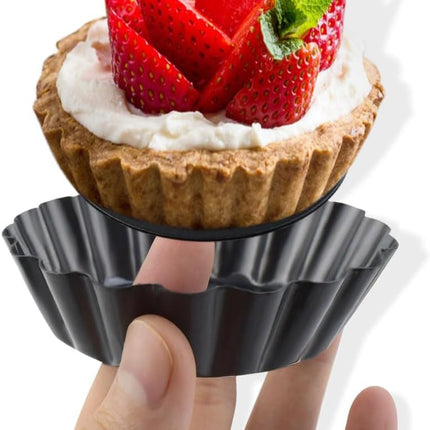 4 Pack Tart Pans Tortilla Pan Set Mini Molds Carbon Steel Taco Shell for Baking 3 Inch Salad Bowl Maker with Removable Bottom NonStick Fluted Side Quiche Cakes Pies (Black).