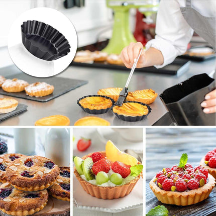 4 Pack Tart Pans Tortilla Pan Set Mini Molds Carbon Steel Taco Shell for Baking 3 Inch Salad Bowl Maker with Removable Bottom NonStick Fluted Side Quiche Cakes Pies (Black).
