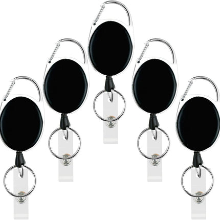 5 Pack Heavy Duty Retractable Badge Reel Id Card Holder with Clip and Key Ring Carabiner Keychain Belt Black Vertical Reels Holders for Nurse Doctor Office Worker Specialist Clear Name.