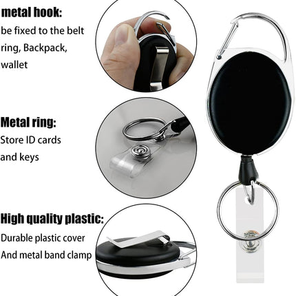 5 Pack Heavy Duty Retractable Badge Reel Id Card Holder with Clip and Key Ring Carabiner Keychain Belt Black Vertical Reels Holders for Nurse Doctor Office Worker Specialist Clear Name.