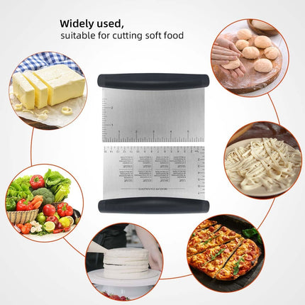 Plastic Bread Scraper Dough Cutter with Measuring Scale Multipurpose Bench Kitchen Tool Pastry for Cake Baking Food Pizza Stainless Steel and Chopper Knife (Black).