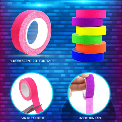 Petluno 6 Color Neon Cloth Tape - Fluorescent UV Blacklight Glow Party Fiesta Reactive in The Dark Gaffer Supplies for Events Adhesive Black Light Set.