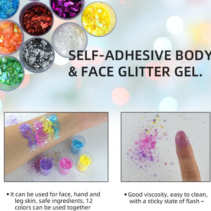 12 Colors Chunky Face Glitter No Glue Cosmetic Body Nail Eye Hair Art Resin Tumbler Holographic Glitte Makeup Sequins Party for Rave Festival Fine Eyeshadow.