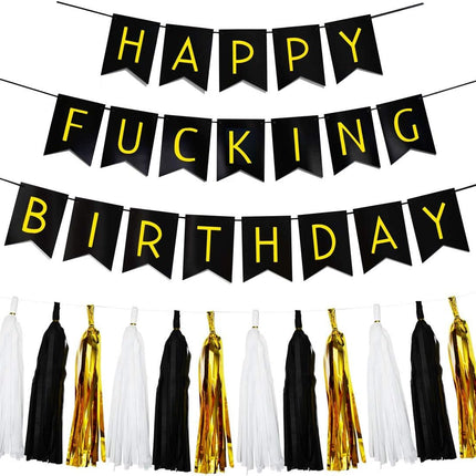 Black & White Gold Tissue Paper Tassels Garland Happy Birthday Banner - Funny 30th, 40th, 50th Party Decorations.