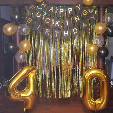 Black & White Gold Tissue Paper Tassels Garland Happy Birthday Banner - Funny 30th, 40th, 50th Party Decorations.