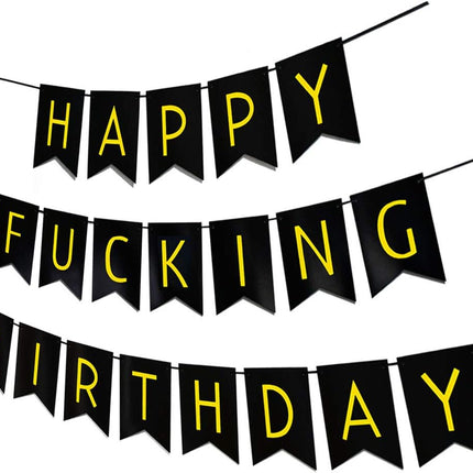 Black & White Gold Tissue Paper Tassels Garland Happy Birthday Banner - Funny 30th, 40th, 50th Party Decorations.