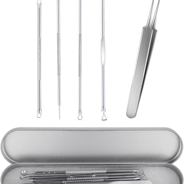Blackhead Remover Tool Pimple Popper Kit 5 Pack Extractor Tools with Case Comedone Zit Acne Blemish Whitehead Removal Professional Stainless Steel for Face Nose.