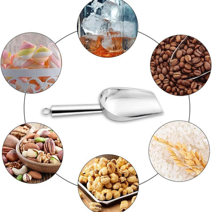 Stainless Steel Ice Scoop Metal for Candy Pet Food Flour Coffee Beans Sugar Kitchen Scooper Maker Dishwasher Safe Small Scoops Bar Party Wedding Utility (Silver).