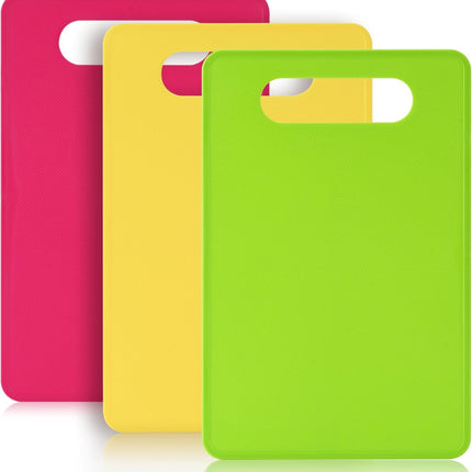 Plastic Cutting Board Set, 3 Pack Small Chopping Boards for Kitchen, BPA-Free, Dishwasher Safe, Color Coded Pads Meat Vegetable Fruit, Easy Grip Handle, Non-Slip, Space Saving  11.4"L x 7.5"W 0.08"Th.