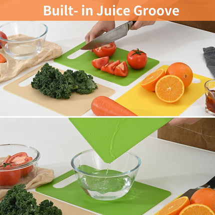 Plastic Cutting Board Set, 3 Pack Small Chopping Boards for Kitchen, BPA-Free, Dishwasher Safe, Color Coded Pads Meat Vegetable Fruit, Easy Grip Handle, Non-Slip, Space Saving  11.4"L x 7.5"W 0.08"Th.