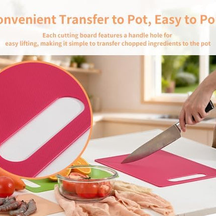 Plastic Cutting Board Set, 3 Pack Small Chopping Boards for Kitchen, BPA-Free, Dishwasher Safe, Color Coded Pads Meat Vegetable Fruit, Easy Grip Handle, Non-Slip, Space Saving  11.4"L x 7.5"W 0.08"Th.
