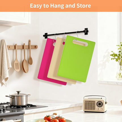 Plastic Cutting Board Set, 3 Pack Small Chopping Boards for Kitchen, BPA-Free, Dishwasher Safe, Color Coded Pads Meat Vegetable Fruit, Easy Grip Handle, Non-Slip, Space Saving  11.4"L x 7.5"W 0.08"Th.