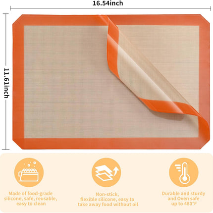 2-Pack Silicone Baking Mats – Non-Stick Reusable BPA-Free Oven Liners, 100% Food-Grade Silicone, Fit Half Sheet Pans (16.54" x 11.62") for Cookies, Pastry & More Orange/Beige, 0.4mm.