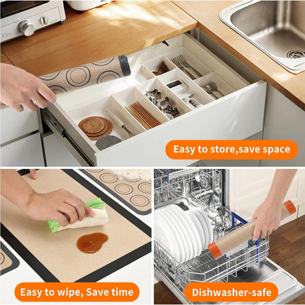 2-Pack Silicone Baking Mats – Non-Stick Reusable BPA-Free Oven Liners, 100% Food-Grade Silicone, Fit Half Sheet Pans (16.54" x 11.62") for Cookies, Pastry & More Orange/Beige, 0.4mm.