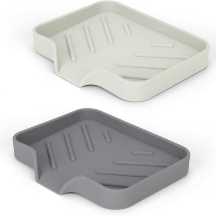 Silicone Soap Dish for Shower with Self Draining, 2 Pack Soap Holder for Bathroom, Silicone Sponge Holder for Kitchen Sink, Soap Tray for Dispenser, Scrubber, Bottle, 4.7"×3.9", Grey & Beige White.