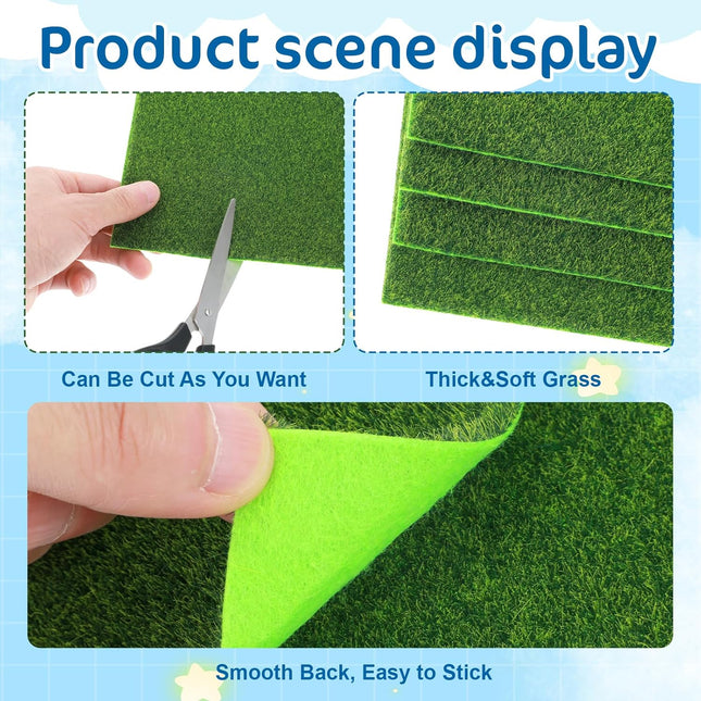 Xindojuz 4 Packs Fake Grass Decor, Artificial Grass for Crafts, Fairy Garden Turf, Diorama Supplies Miniature Lawn Mat, Dollhouse Ornament DIY Decoration Accessories (6" x 6"/15 x 15 cm).
