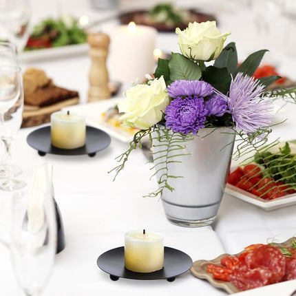 2 Pcs Black Short Candle Holder Candle Coasters 3.54" Flat Pillar Candles Coaster Decorative Iron Pillar Candles Plate for Incense Cones Spa Weddings (Black).