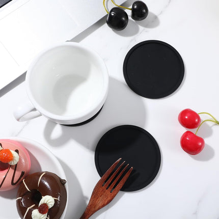 Xindojuz Drink Coasters Set of 4, 3.94 Inch Black Silicone Coasters for Drinks Washable Heat Resistant Durable Non-Slip Round Cup Mats for Coffee Table Wooden Desk Kitchen Bar, Black.