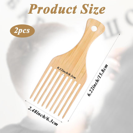 2 PCS Bamboo Comb Set for Afro Hairstyle, Natural Anti-Static Hair Picks for Curly Hair, Wooden Wide Tooth Comb with Pick, Long Tooth Detangling Combs for Men Women Curly Wavy Thick Long Hairs.