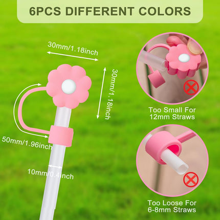 6Pcs Straw Covers Cap Toppers, 0.4in /10mm Straws Cap for 20&30&40oz Tumbler Drinking Cup with Handle, Reusable Cute Silicone Tips Lids Protectors for Water Bottle Accessories, Flower Shape.