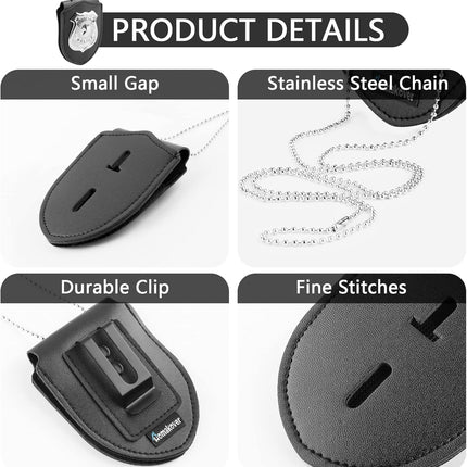 1 Pack Sheriff Badge Shield Holder with Faux Leather Wrapped Heavy Duty Steel Belt Clip with Stainless Steel Necklace, Universal, Black, Deputy Badge Holder, 8x3 inch (1 Pack).