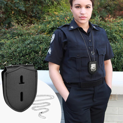 1 Pack Sheriff Badge Shield Holder with Faux Leather Wrapped Heavy Duty Steel Belt Clip with Stainless Steel Necklace, Universal, Black, Deputy Badge Holder, 8x3 inch (1 Pack).