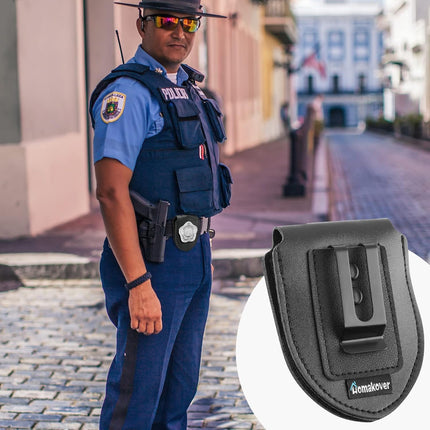 1 Pack Sheriff Badge Shield Holder with Faux Leather Wrapped Heavy Duty Steel Belt Clip with Stainless Steel Necklace, Universal, Black, Deputy Badge Holder, 8x3 inch (1 Pack).