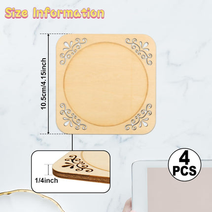 4 Pcs Unfinished Wood Coasters, 4 Inch Square Blank Coaster with Non Slip Pad for DIY Stained Painting Wood Engraving Wedding Halloween Christmas Home Decoration (Square).