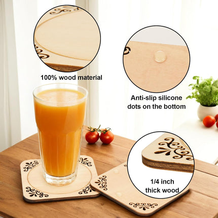 4 Pcs Unfinished Wood Coasters, 4 Inch Square Blank Coaster with Non Slip Pad for DIY Stained Painting Wood Engraving Wedding Halloween Christmas Home Decoration (Square).