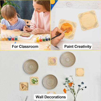 4 Pcs Unfinished Wood Coasters, 4 Inch Square Blank Coaster with Non Slip Pad for DIY Stained Painting Wood Engraving Wedding Halloween Christmas Home Decoration (Square).