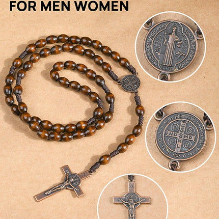 Rosary Beads Handmade Wooden Rosarios Catolicos l Cross For Catholic Or Christian Gift（Woven Coffee Color）.