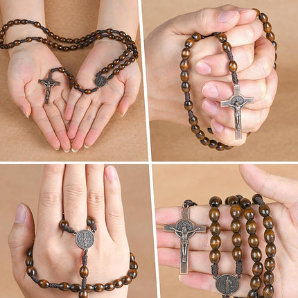 Rosary Beads Handmade Wooden Rosarios Catolicos l Cross For Catholic Or Christian Gift（Woven Coffee Color）.