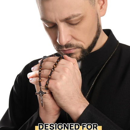 Rosary Beads Handmade Wooden Rosarios Catolicos l Cross For Catholic Or Christian Gift（Woven Coffee Color）.