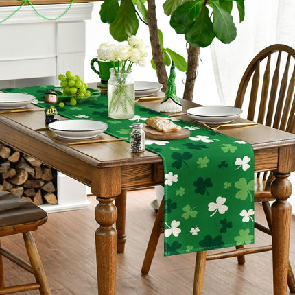 Green Shamrock St. Patrick's Day Table Runner, Seasonal Spring Kitchen Dining Table Decoration for Home Party Decor 13x72 Inch.
