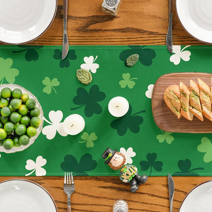 Green Shamrock St. Patrick's Day Table Runner, Seasonal Spring Kitchen Dining Table Decoration for Home Party Decor 13x72 Inch.